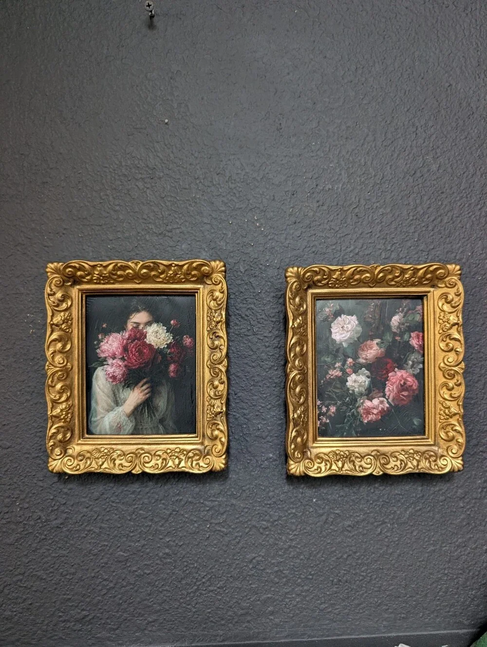 Vintage, set of 2, Syroco Burwood Rococo Gold Ornate Mini Frames with Moody Prin